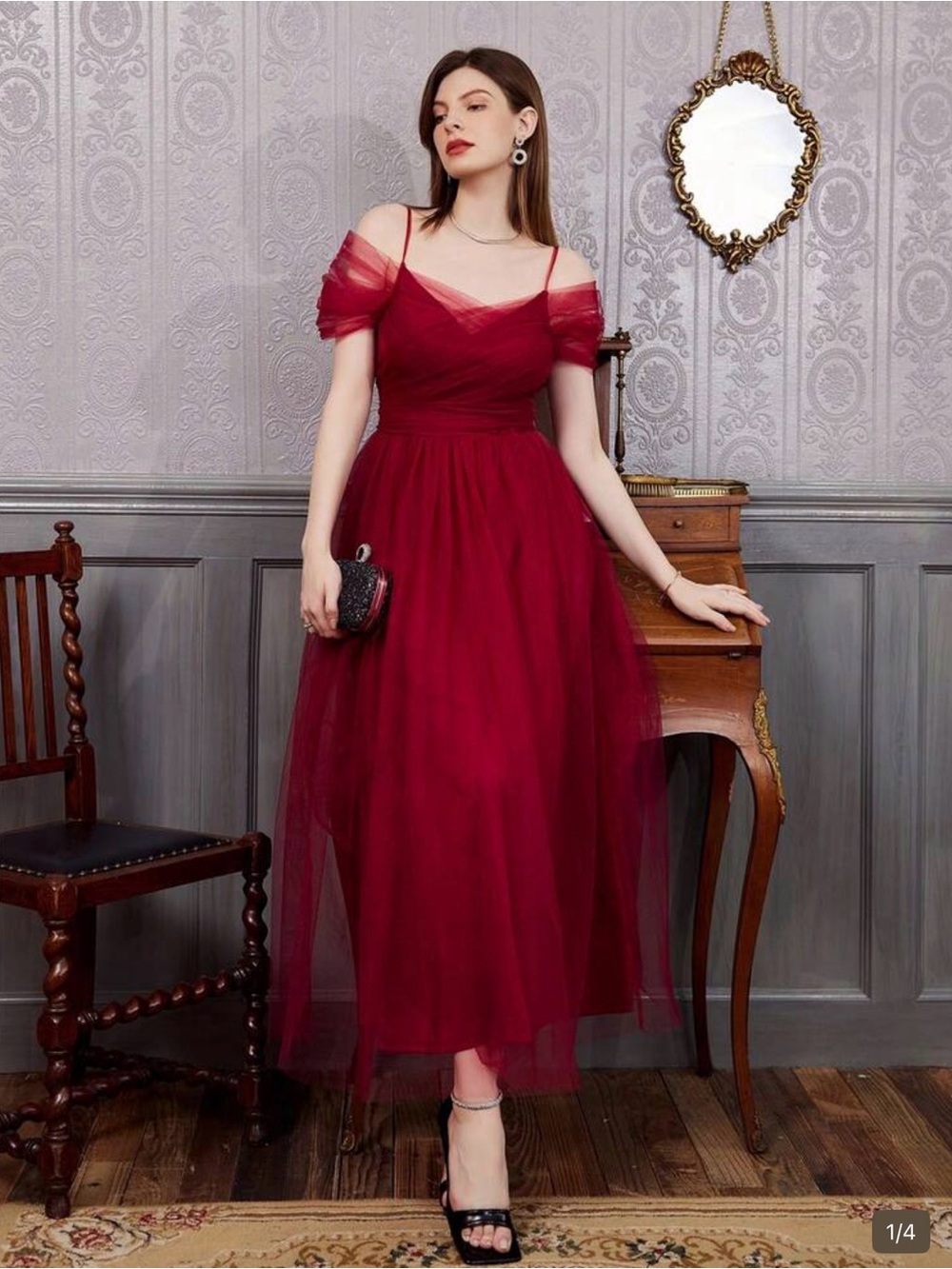 Elegant Wine Red Tulle Off-Shoulder Midi Dress